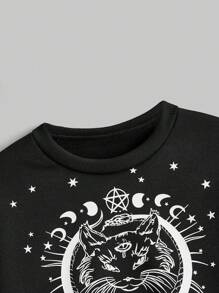 ROMWE Goth Sudadera con capucha de forro polar con estampado de gato misterioso y decoración de lazo - Negro - Ver 3