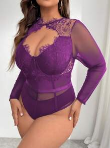 SHEIN Privé Plus Size Women Elegant Netted Lace Patchwork Underwire Bodysuits, Stretchy Sexy For Date, Party, All Season