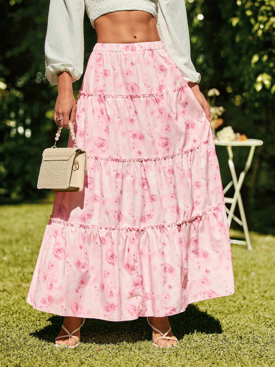 SHEIN VCAY Falda floja tejida con estampado floral de cintura alta para mujeres en vacaciones - Rosa - Ver 1