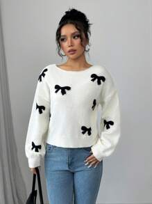 SHEIN Frenchy Women's Elegant Bow Decor Sweater, Autumn/Winter French Elegant Bow Pattern Back Tie Long Sleeve Sweater   Bow Sweater  Winter Sweater Warm Sweater