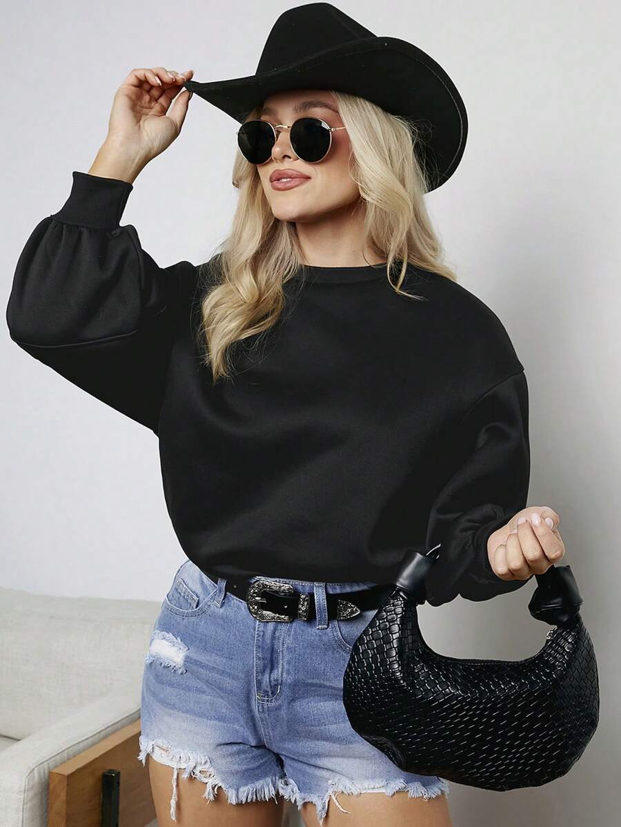 SHEIN LUNE Women's Casual Versatile Lantern Sleeve Black Sweatshirt