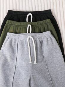 SHEIN 男童休闲可爱经典宽松套头卫衣长裤套装，3件套，买二送一，适合外出、上学、聚会、秋冬季穿着。 - 軍綠色 - 查看 3