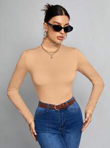 SHEIN Tall 简约纯色修身高领白色上衣适合秋冬季 - 駝色 - 查看 7