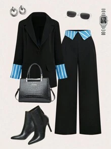 SHEIN Tall Women Solid Color Patchwork Long Sleeve Minimalist Top And Pants Suit Set - Black - View 1