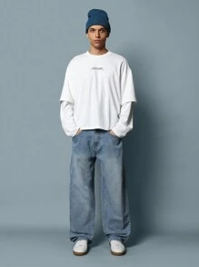 SUMWON Crop Fit Double Layer Sleeve Tee With Graphic Print - White - View 3