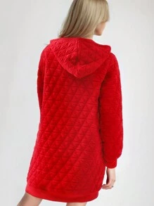 Women's Casual Hooded Midi Dress, Thick & Comfortable, Loose Fit, Warm, Relaxed, Cute, Elegant, Diamond Plaid, Red Color, Suitable For Families, Mother-Daughter Style, Autumn/Winter For New Year Clothes Fall Cloth For Women - Red - View 2