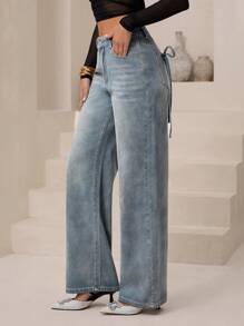 SHEIN Essnce Women's Pocket Design Casual Wide Leg Jeans