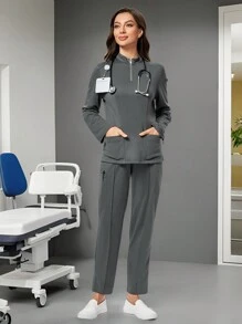 TaskEZ Women's Long Sleeve Collared Multi-Pocket Nursing Uniform Scrub Top - Grey - View 1