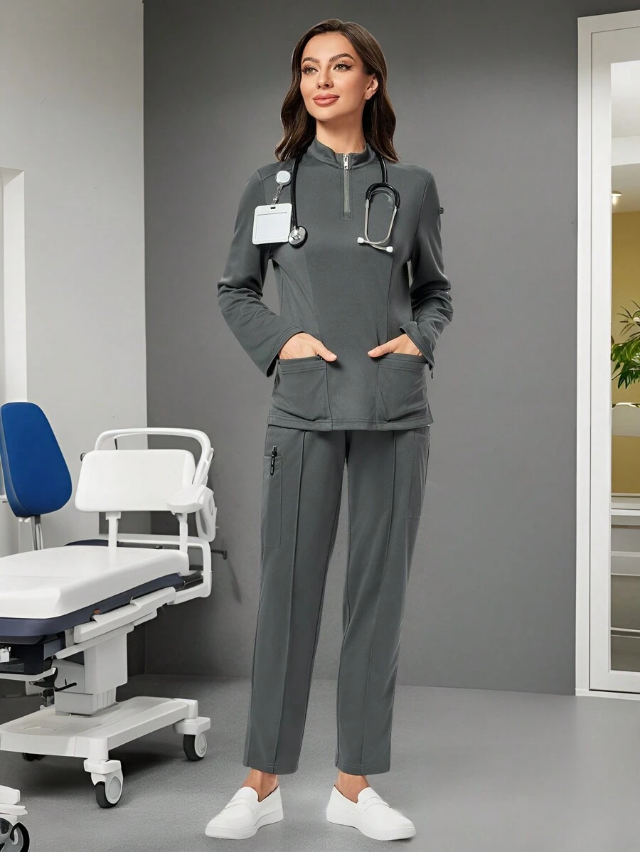 TaskEZ Women's Long Sleeve Collared Multi-Pocket Nursing Uniform Scrub Top - Grey - View 1
