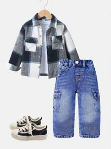 SHEIN 2 piezas de pantalones cargo con piernas rectas y múltiples bolsillos, de uso casual y combinables para bebés niños. Artículo esencial de todos los días, nuevas llegadas 2024 - Azul lavado medio - Ver 1