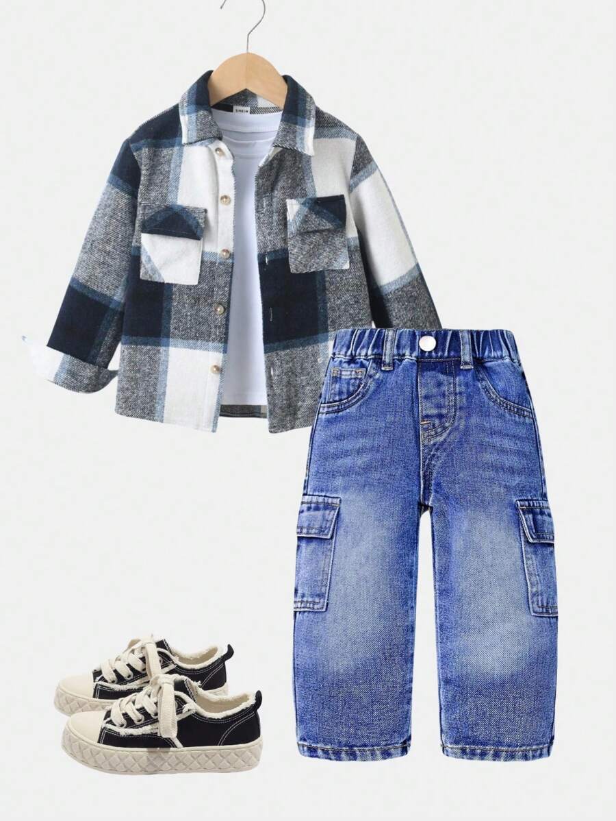 SHEIN 2 piezas de pantalones cargo con piernas rectas y múltiples bolsillos, de uso casual y combinables para bebés niños. Artículo esencial de todos los días, nuevas llegadas 2024 - Azul lavado medio - Ver 1