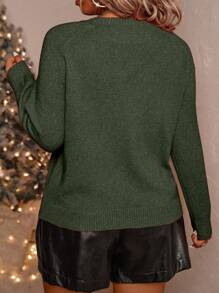 SHEIN Clasi Suéter casual de cuello redondo de manga larga con decoración de lentejuelas en letra, minimalista, talla grande