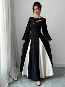 Modelyn Đầm Maxi Dài Dáng Chữ A Khoét Hở Hai Tông Màu Thanh Lịch Cho Nữ Đầm Dạ Hội Dài - màu đen - Xem 5