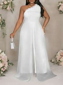 Slaydiva 大码优雅高端 3D 花卉单肩荷叶边连体裤 - C - 白色 - 查看 5