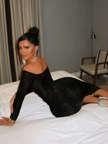 SHEIN SXY Sexy Party Nightclub Glittery Hollow-Out Black Off Shoulder Dress, Autumn/Winter