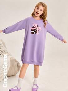 SHEIN Tween Girl' Round Neck Long Sleeve Printed Simple Casual Dress - Mauve Purple - View 7