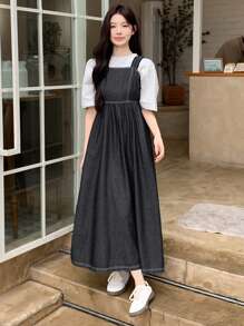 DAZY Women's Wide Strap Pleated Casual Long Denim Dress