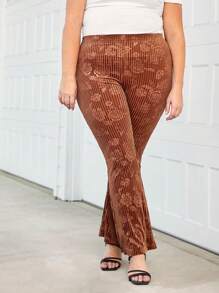 SHEIN LUNE 大码花卉印花休闲喇叭裤感恩节女款新年款 - 棕色 - 查看 3