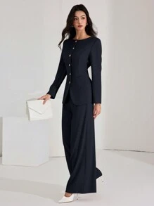 Heiryn 女士纯色前扣长袖简约衬衫和裤子套装秋冬两件套