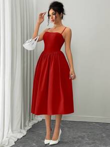 Rafferiza 时尚百搭约会派对吊带背心高腰喇叭裙，女式秋冬装 - 紅色 - 查看 6