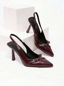 CUCCOO BIZCHIC 女士酒红色蝴蝶装饰高跟鞋，带踝带，适合工作、新年假期和情人节