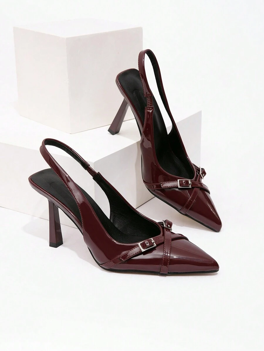 CUCCOO BIZCHIC 女士酒红色蝴蝶装饰高跟鞋，带踝带，适合工作、新年假期和情人节