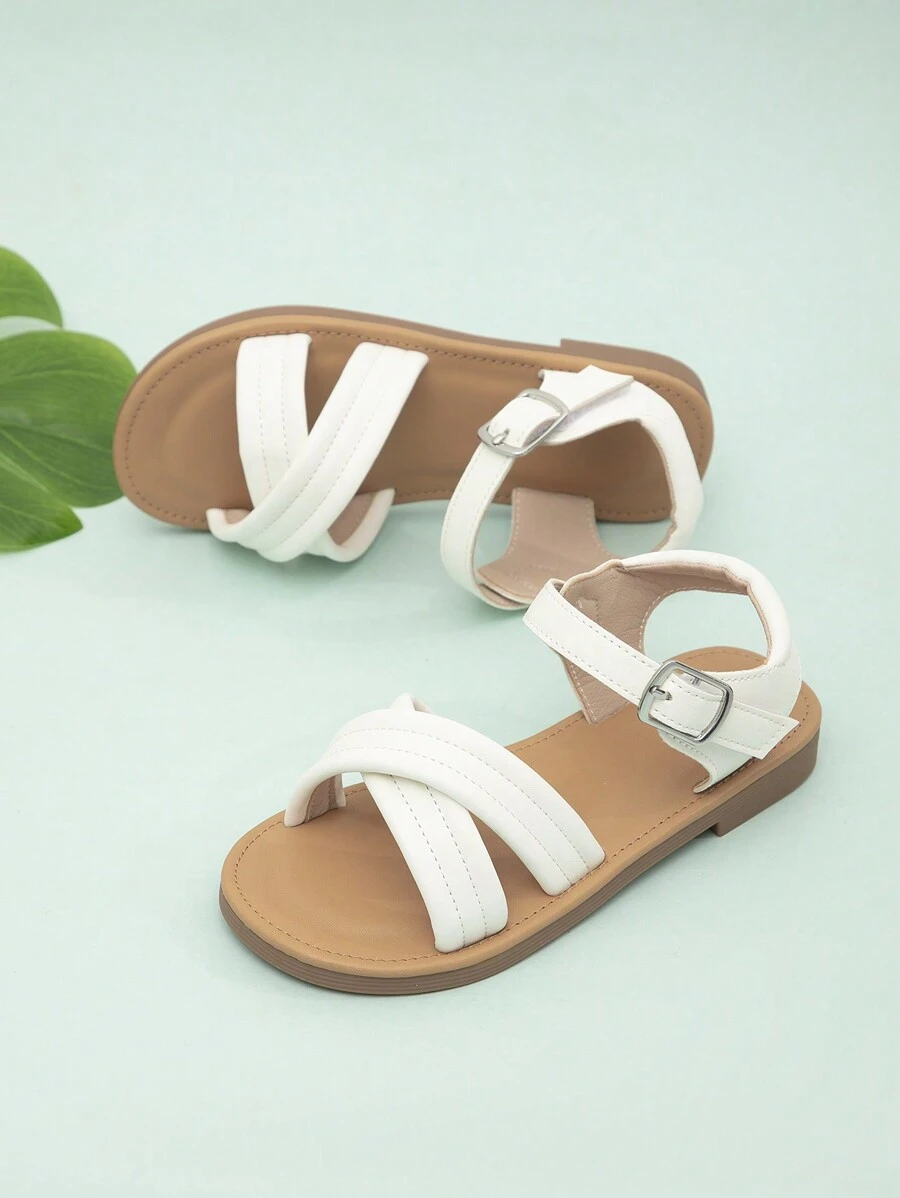 1 Pair Girl's Decorative Strap Flat Sandals With Hook-And-Loop - White - View 1