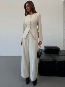 Aloruh 女士办公室/通勤杏色修身长袖上衣 + 全长直筒裤套装 - 杏色 - 查看 1