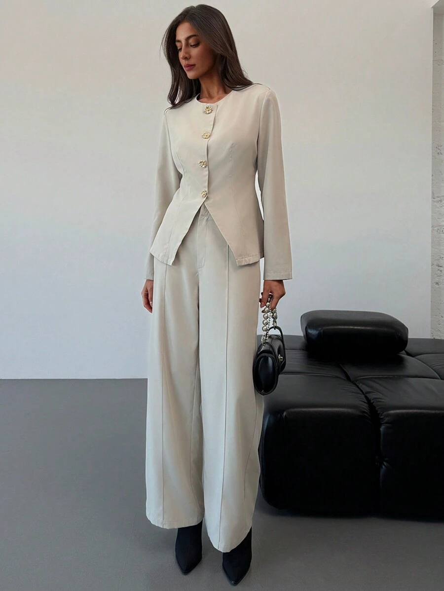 Aloruh 女士办公室/通勤杏色修身长袖上衣 + 全长直筒裤套装 - 杏色 - 查看 1