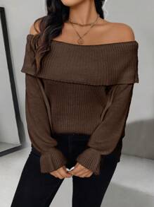 Celure Plus Size Women's Solid Color Off-Shoulder Long Sleeve Casual Sweater - Coffee Brown - View 3
