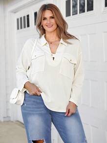 SHEIN LUNE Top minimaliste casual de couleur unie pour femmes grandes tailles, à porter au quotidien, pour le Thanksgiving et le Nouvel An - Nude - Voir 1