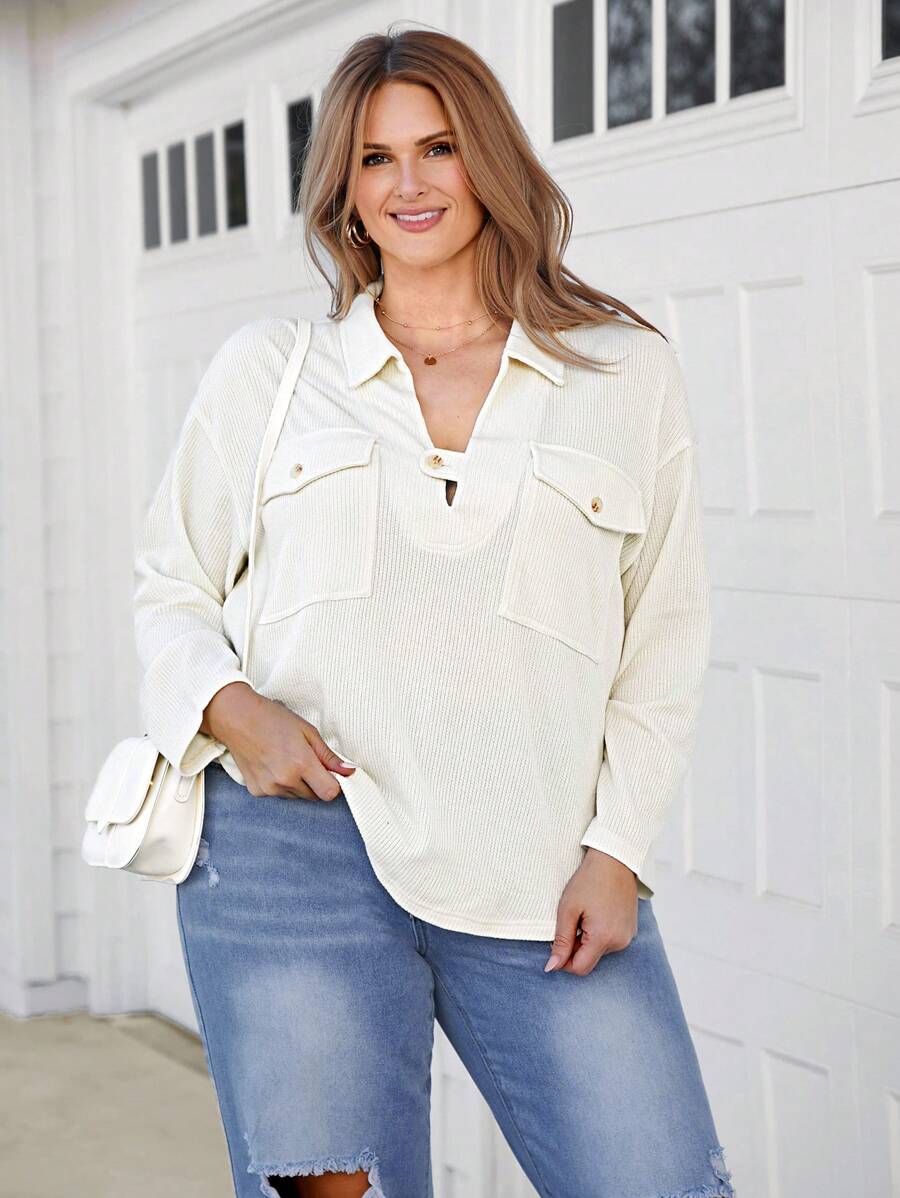 SHEIN LUNE Top minimaliste casual de couleur unie pour femmes grandes tailles, à porter au quotidien, pour le Thanksgiving et le Nouvel An - Nude - Voir 1