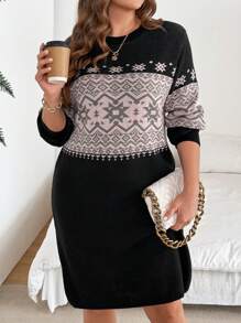 SHEIN LUNE 大码雪花几何图案提花落肩毛衣连衣裙商务休闲女士、度假装、乡村上衣