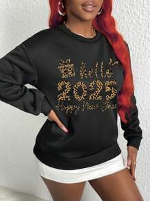 Slaydiva 新年快乐！2025 豹纹英文字母和数字图案休闲简约图案圆领宽松女式运动衫，秋冬