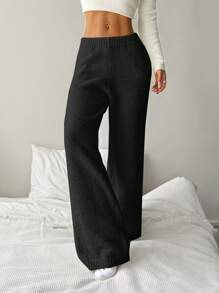 SHEIN EZwear 女款黑色秋季百搭休閒居家針織長褲，純色舒適寬鬆舒適口袋褲，溫暖秋冬長褲 - 黑色 - 查看 3