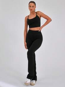 Musera Sport Slinky Spaghetti Strap Active-Wear Crop Cami Top Only ,Padel, Tennis, Pickleball Gym Fitness Fall Winter - Black - View 4