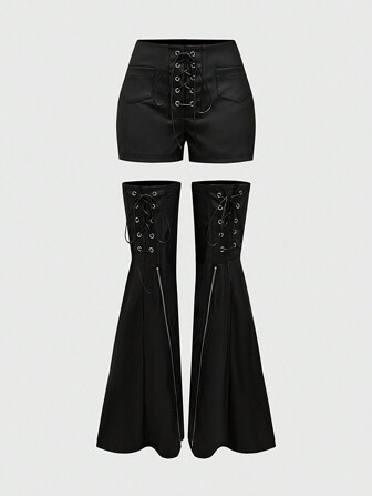 Grunge Punk Y2K Baddie Detachable Leg Strap Bow Lace-Up Super Low Waist Mini PU Solid Color Women Pants