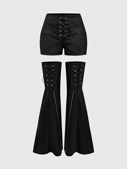 Grunge Punk Y2K Baddie Detachable Leg Strap Bow Lace-Up Super Low Waist Mini PU Solid Color Women Pants