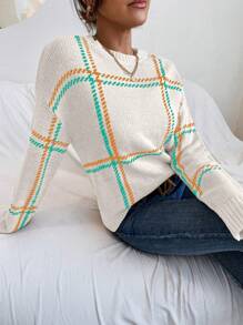 SHEIN LUNE Áo len chui đầu kẻ sọc dài tay cổ tròn tối giản cho nữ, mặc thường ngày - Nhiều màu - Xem 6