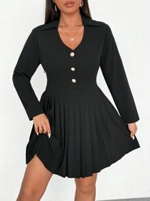 SHEIN Unity Plus Size Women V-Neck Long Sleeve Pleated Dress - Black - View 1