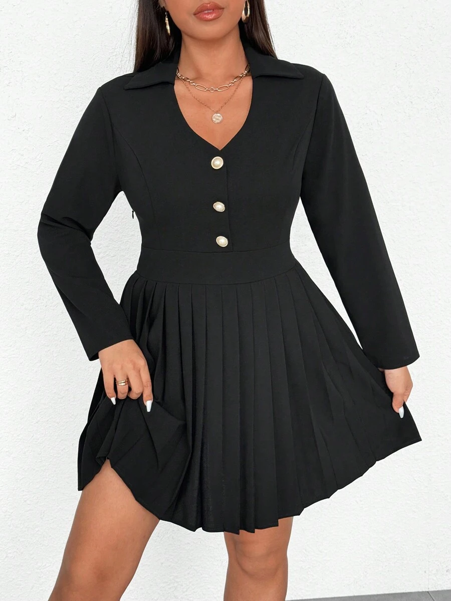 SHEIN Unity Plus Size Women V-Neck Long Sleeve Pleated Dress - Black - View 1