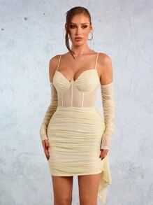 SHEIN SXY New Year Christmas Elegant Party Rose Champagne Gold Mesh Pleated Long Sleeve Halter Halter Corset Split Mini Dress