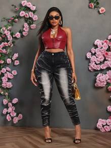 SHEIN EZwear Plus Size Black Skinny Stretch 7/8 Length Jeans - Black - View 3