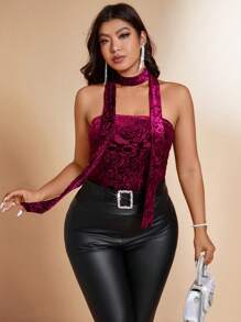 Allurite Plus Size Women's Dark Blue Summer Elegant Night Out Club Flocked Lace Floral Print Camisole Sleeveless Top With Decorative Scarf,Fashion Commuter - Burgundy - View 3