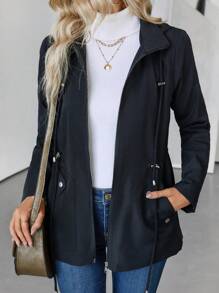 SHEIN Clasi Women's Casual Solid Color Drawstring Waist Hooded Jacket, Autumn - Black - View 1