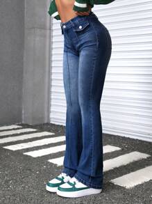 SHEIN EZwear Quần Jeans Ống Loe Ôm Vừa Vặn Thường Ngày Cho Nữ - Rửa tối - Xem 5