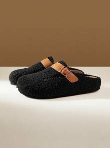 Solecia Damskie okrągłe płaskie morelowe wsuwane kapcie z puszystymi zdobieniami ze sprzączką, odpowiednie do wewnątrz i na zewnątrz na letnie wakacje buty letnia wyprzedaż buty do szkoły buty studenckie na Halloween Boże Narodzenie jesień - Czarne - Zobacz 2