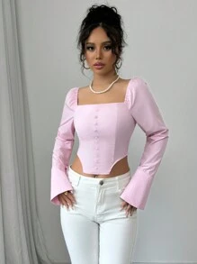 SHEIN Unity بلوزة نسائية بياقة مربعة وأكمام طويلة ضيقة باللون الوردي، متعددة الاستخدامات أنيقة فرنسية عتيقة مناسبة لوجبة الإفطار المبكرة، أنيقة لعيد الحب وعيد الميلاد ورأس السنة الجديدة - وردي - مشاهدة 6