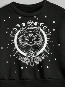 ROMWE Goth Sudadera con capucha de forro polar con estampado de gato misterioso y decoración de lazo - Negro - Ver 4