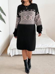 SHEIN LUNE 大码雪花几何图案提花落肩毛衣连衣裙商务休闲女士、度假装、乡村上衣